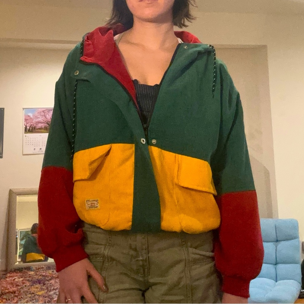 Red, Yellow and Green Zip Up Jacket with Hood